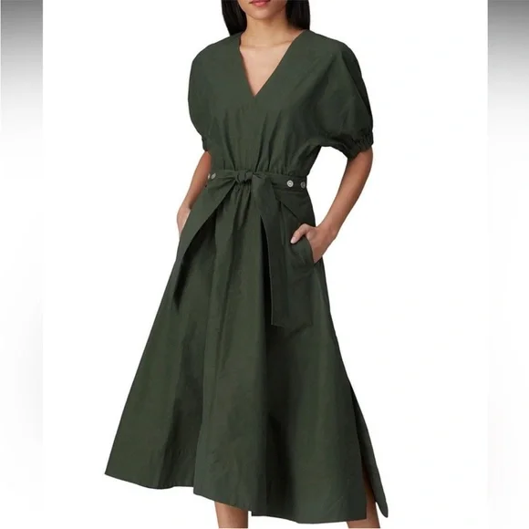 3.1 Phillip Lim Gathered Short Sleeve Midi V-Neck Utility Dress Green Size 2 - Picture 1 of 7